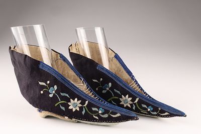 Pair of Chinese Qing Black Satin Embroidered Lotus Shoes Bound Feet. THE SIMON CHANG COLLECTION 