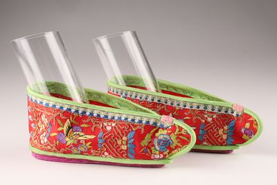 Pair of Chinese Qing Red Satin Embroidered Lotus Shoes Bound Feet. THE SIMON CHANG COLLECTION - 