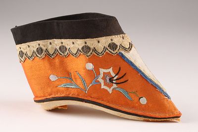 Chinese Antique Orange Satin Embroidered Lotus Shoe Bound Feet. THE SIMON CHANG COLLECTION - A 
