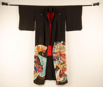 Japanese Antique Black Silk Kurotomesode Kimono Bright Coloured Design. THE SIMON CHANG 