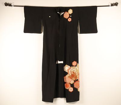 Japanese Vintage Black Silk Tomesode Kimono Hexagon and Butterfly Motif. THE SIMON CHANG 