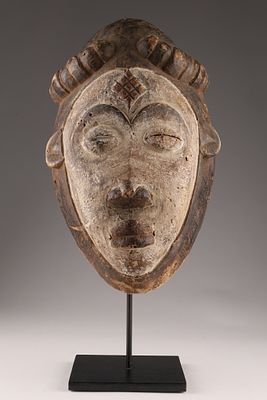 Antique African Wood Carved Tsogo Mitsogo Gabon Mask with light pigment mask, arched eyebrows 