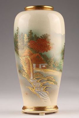 Signed Japanese Satsuma Style Vase with Painted Landscape. A hand-painted Satsuma-style ceramic 