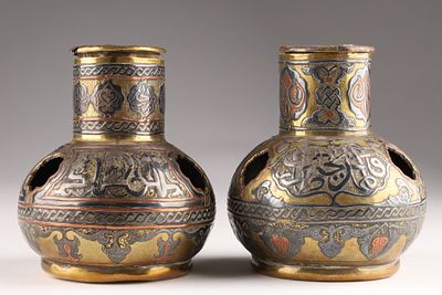 Pair Antique Middle Eastern Mamluk Revival or Cairo Ware Mixed Metal Vases. A pair of antique 