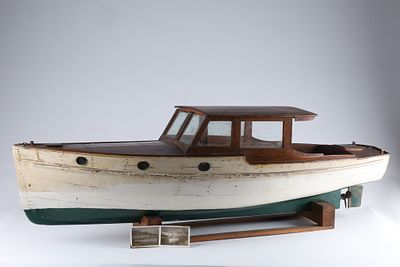Antique Vintage Folk Art Wooden Model Cabin Cruiser Boat. An antique vintage wooden model cabin 