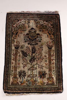 Antique Middle Eastern Silk Prayer Rug with Architectural Design. An ornate, hand-knotted 
