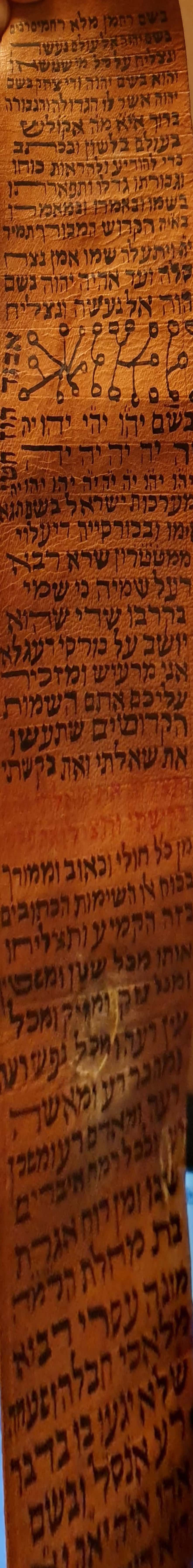 קמיע עתיק דיו על גוויל, השבעות ושמות הק', איורים קבליים. 
קמיע ארוך מגולגל