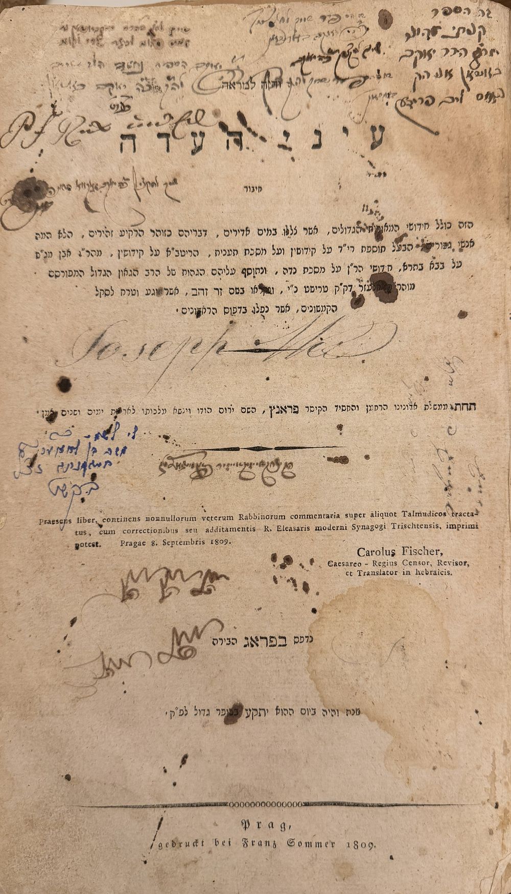 עיני העדה - פראג תק"ע | 1809 - חתימות רבני הונגריה. 
מצב טוב, כתמים בדף השער, כריכת חצי עור 