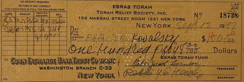 המחאה קדומה ומעניינת בחתי"ק הלועזית של כ"ק האדמו"ר הלב שמחה מגור וחתימות נוספות - ארה"ב תש"ז | 