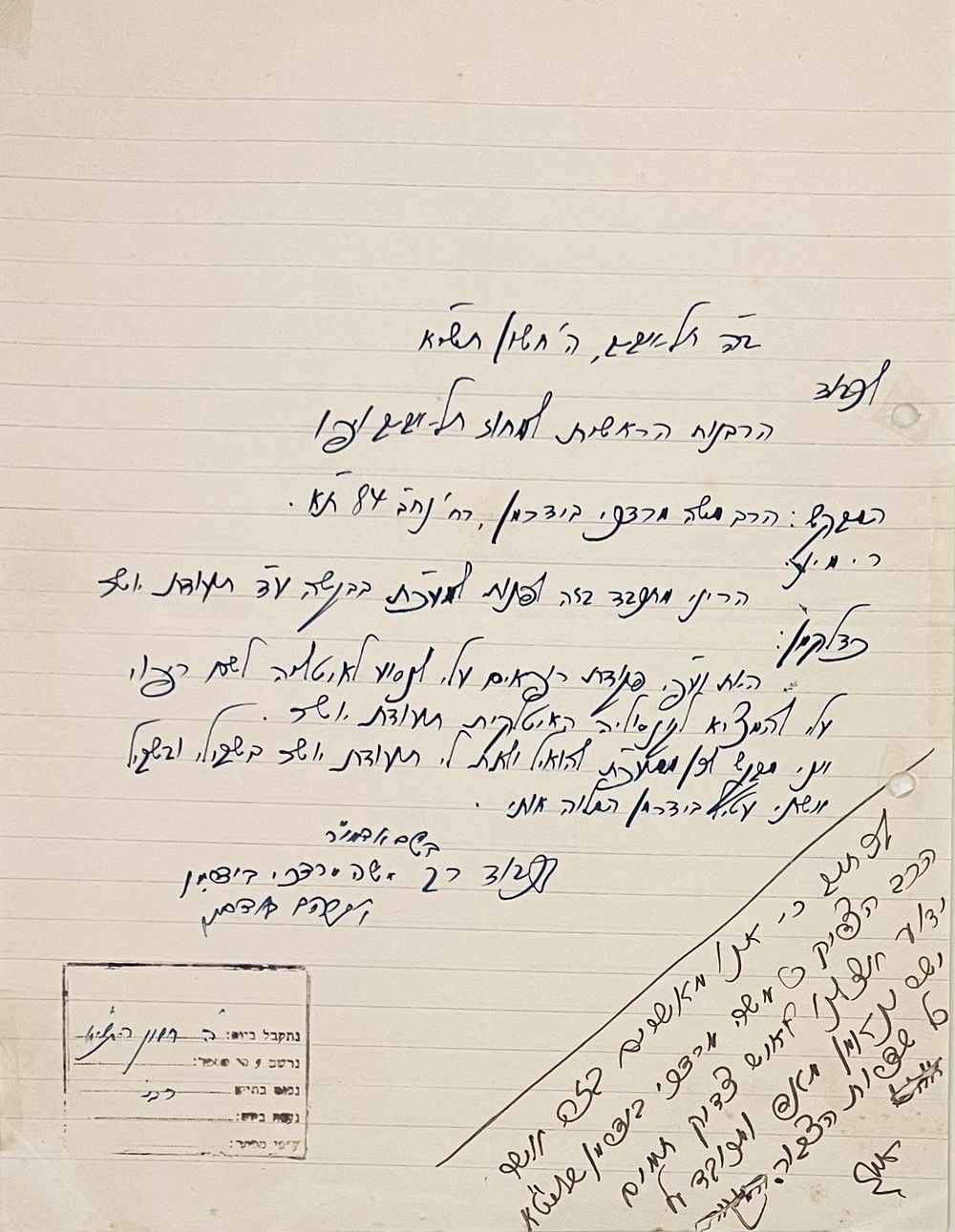 בקשת תעודת יושר מעניינת עבור ובחתימת יד קדשו של הרה"ק רבי משה מרדכי מלעלוב - תל אביב תשי"א. 