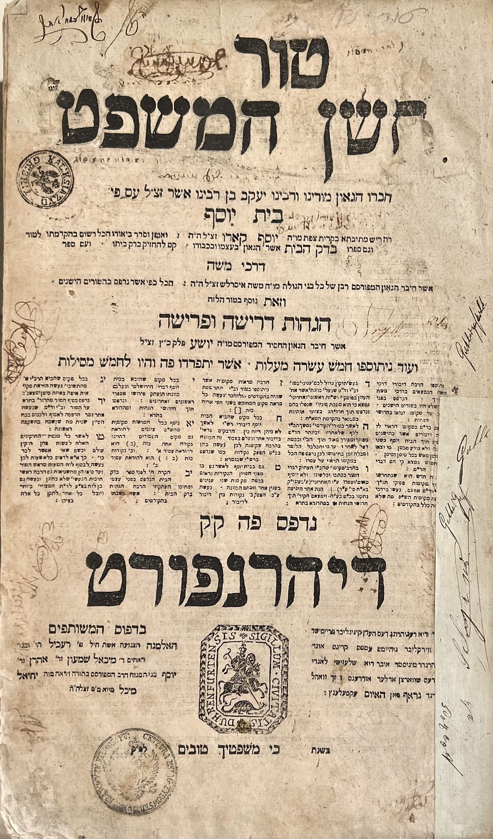 טור חשן משפט - דיהרנפורט תקנ"ו | 1796 - חתימות ורישומים רבים. 
מהדורה ראשונה של "חידושי 