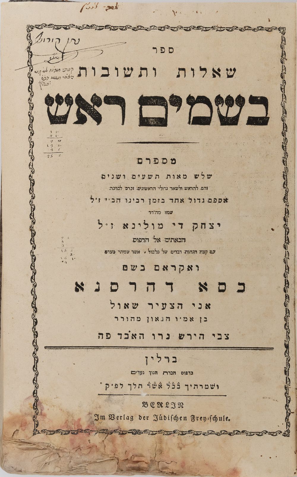 שו"ת בשמים ראש. ברלין תקנ"ג | 1793 - חתימת המהרא"ל צינץ. 
ספר שו"ת בשמים ראש תשובות המיוחסות 
