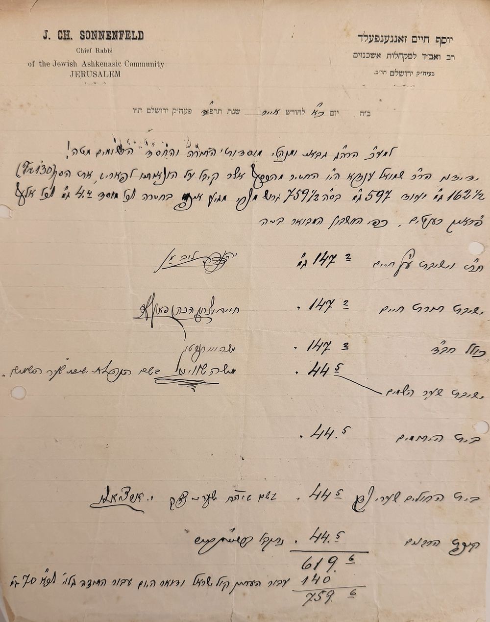 אוסף חשוב ומעניין - מרא דארעא דישראל הגה"ק רבי יוסף חיים זונענפעלד זצוק"ל - עם מסמך היסטורי 