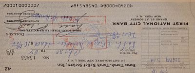 המחאה מארגון עזרת תורה בארה"ב בחתימת מרן הגאון רבי אלעזר מנחם מן שך - בני ברק תשכ"ד. 
המחאה 