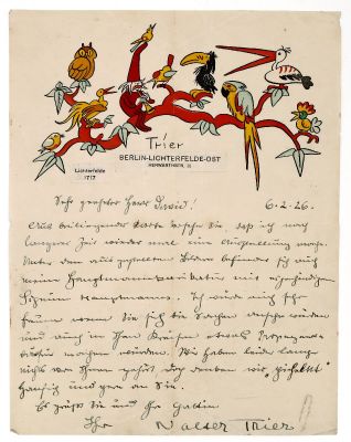 שתי גלויות ומכתב בכתב-ידו של ולטר טריר – גרמניה, שנות ה-20. שתי גלויות ומכתב בכתב-ידו של הצייר 