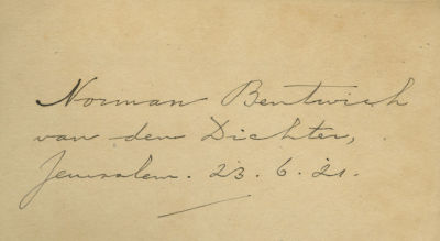 ספר שירים של יעקב ישראל דה האן – הקדשה בכתב-ידו לנורמן בנטוויץ' – ירושלים, 1921. Het Joodsche 