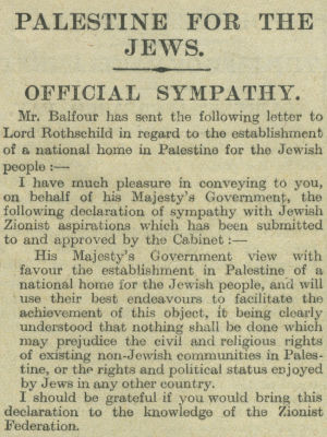 "The Times" Newspaper Issue - November, 1917 - First Announcement of the "Balfour Declaration" 