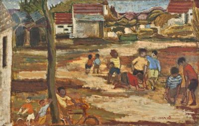 Zvi Tadmor (1923-2012). Children playing / 1951/Oil on canvas / 90*141 cm / Signed and dated 