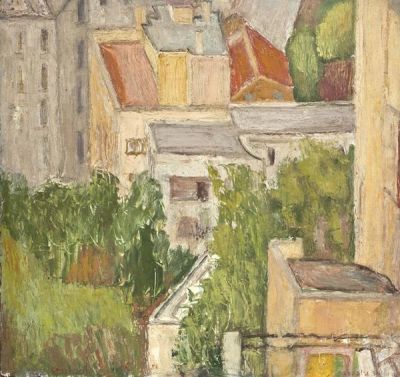 Yehoshua Grossbard (1902-1992). Houses in Wadi Nisnas / 1956 / Oil on Masonite / 41*43 cm / 