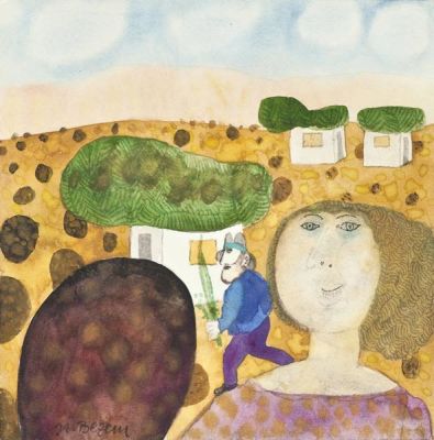 Naftali Bezem (b. 1924). Succot / Watercolor on paper / 18*18 cm / Signed Provenance: Zvi 