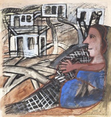 Avraham Ofek (1935-1990). Two-sided. Side A: Figure and Buildings / Gouache and charcoal on 