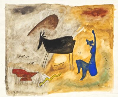 Avraham Ofek (1935-1990). A Woman, a Bull and an Altar / Watercolor and pencil on paper / 31*36 