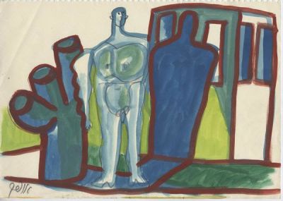 Avraham Ofek (1935-1990). Figure and a Cactus / Gouache and pencil on paper / 18*25 cm / Signed
