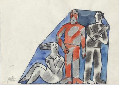 Avraham Ofek (1935-1990). Three Figures / India ink, pencil and watercolor on paper /20*25 cm / 