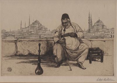 Ephraim Moshe Lilien (1874-1925). Nargilehraucher [Smoking a Hookah] / 1909 / Etching / 18*26 cm 