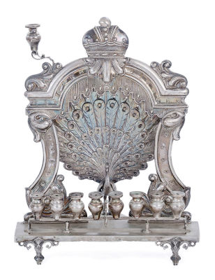 Peacock Hanukkah Lamp – Vienna, Late 19th / Early 20th Century. Majestic Hanukkah lamp, with 