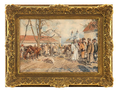 Antoni Kozakiewicz (1841-1929) – Jews in a Polish Village Market, 1909 – Watercolor on Paper. Ant 