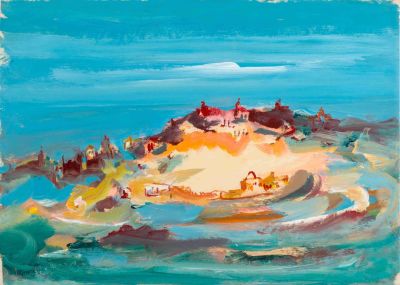 Mordechai Avniel (1900-1989) – City on Seacoast – Oil on Paper. Mordechai Avniel (1900-1989) 