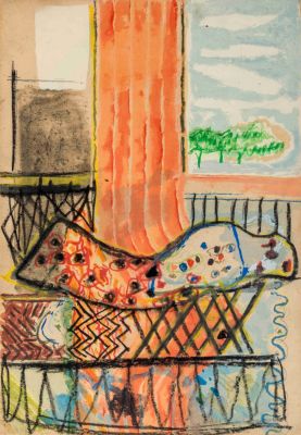 Yehezkel Streichman (1906-1993) – Interior, 1977 – Mixed Media on Paper. Yehezkel Streichman 