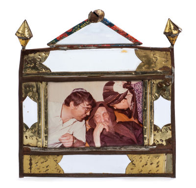 Photo of the "Baba Sali" – Rabbi Israel Abuhatzeira – Enclosed within Folk-Art Frame of Glass 