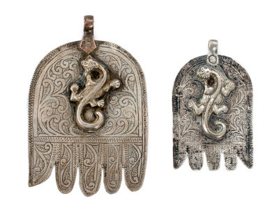 Two Hamsas – Pendants with Depictions of Salamanders – Casablanca, Morocco. Two hamsas, with 