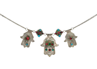 Necklace of Hamsas and Pendants – Enamel and Glass Bead Decorations – Morocco. Necklace of 