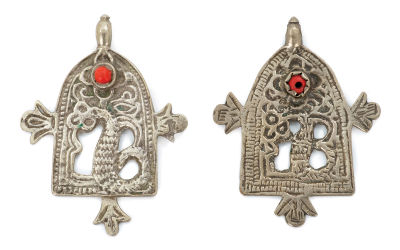 Two Amulet Pendants with Depictions of Snakes – Morocco. Two amulet pendants decorated with 