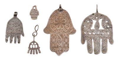 Five Amulet Pendants in Form of Hamsas – Morocco. Five amulet pendants in form of hamsas. 