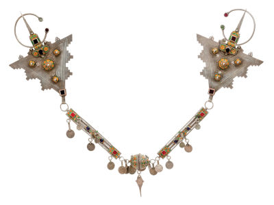 Large Fibulae with Chain and Chest Ornament – Silver and Enamel – Tiznit, Morocco. Large pair of 
