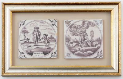The Binding of Isaac – Two Illustrated Tiles – The Netherlands, 18th or 19th Century. Two 
