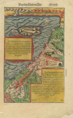 Three Hand-Colored Woodcuts from "Cosmographia" by Sebastian M&uuml;nster – Maps of Palestine and 