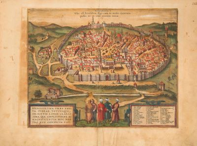 Map of Jerusalem, from "Civitates Orbis Terrarum" – K&ouml;ln, 1593 – Hand-Colored Engraving. Hierosol 