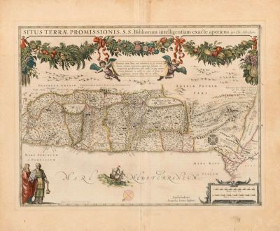 Map of Palestine – Jan Jansson after Adrichem – Amsterdam, 17th Century – Hand-Colored Engraving. 