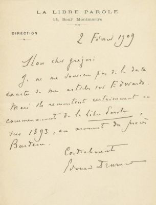 &Eacute;douard Drumont – Two Autograph Letters, a Label and a Postcard – France. Two letters 