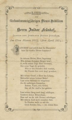 German Poem in Honor of Isidor Fr&auml;nkel, Cantor of the Rodef Shalom Congregation – Philadelphia, 1874
