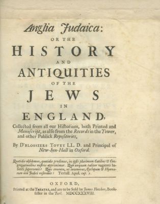"Anglia Judaica", a History of the Jews of England – Oxford, 1738 – Engraving. Anglia Judaica 