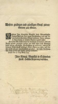 Broadside Issued by King of Sweden and Landgrave of Hesse-Kassel Frederick I – Deportation of 