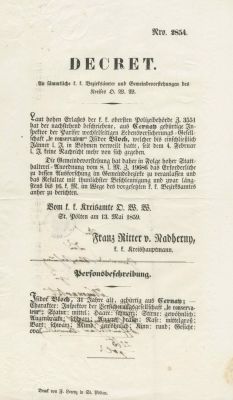 Decree for Locating a Missing person – Isidor Bloch – Sankt P&ouml;lten, Austira, 1859. A printed 