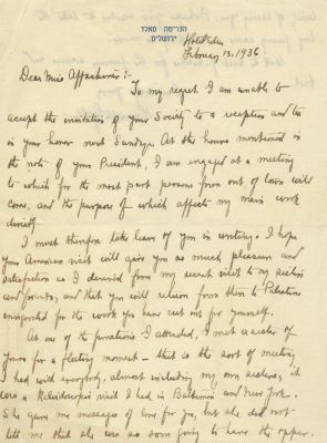 Henrietta Szold – Autograph Letter Signed – Jerusalem, 1936. Letter handwritten and signed by 