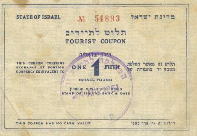 Tourist Coupon – "Exchange of Foreign Currency Equivalent to One Israeli Pound" – Israel, 1950s. 